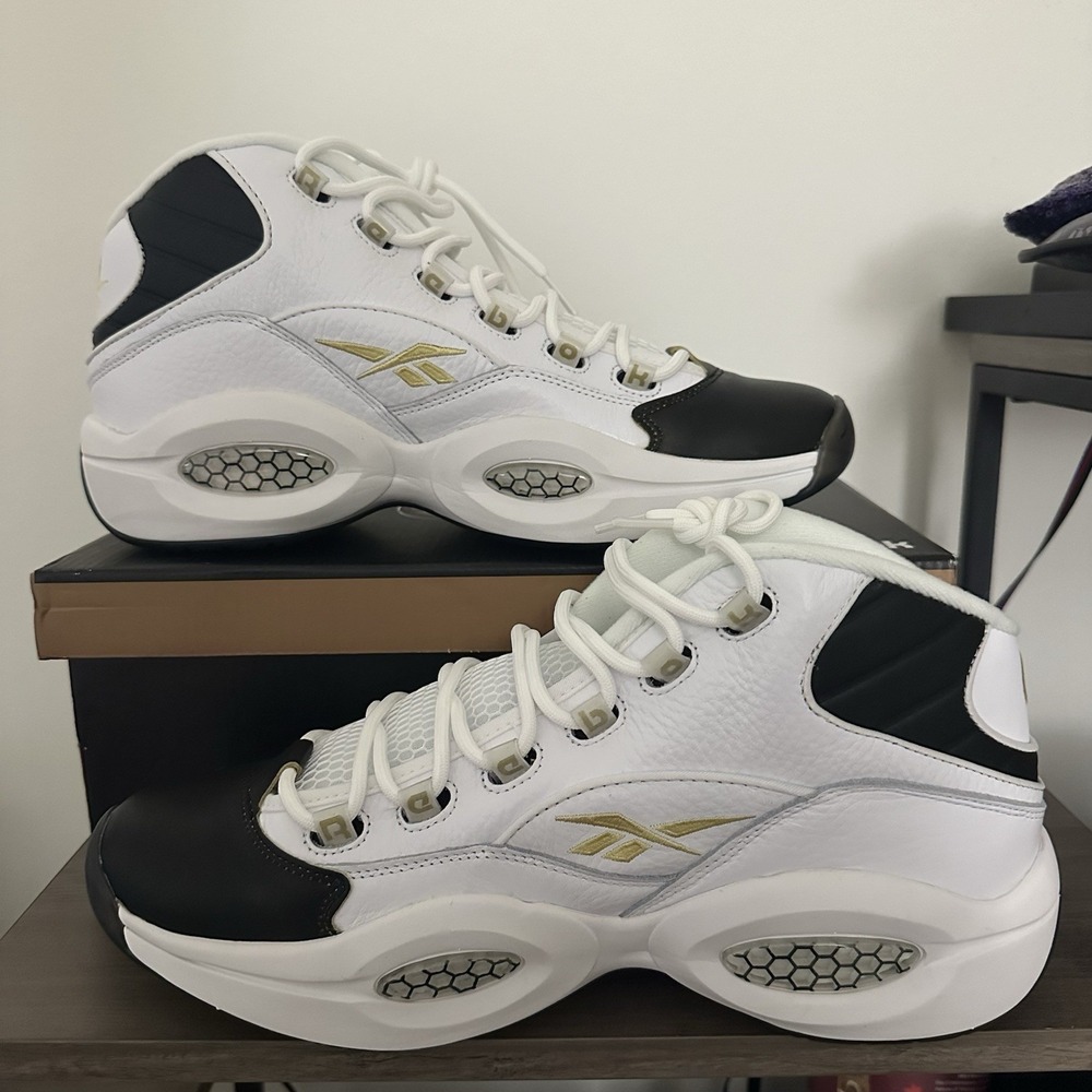 Reebok Question Mid White Black Gold Sz 12 Iverson Saints Colorado MU Tiger